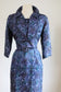 Vintage 1950s Dress Set - LOVELY Blue Batik Style Print Fitted Jacket + Cocktail Dress Size L