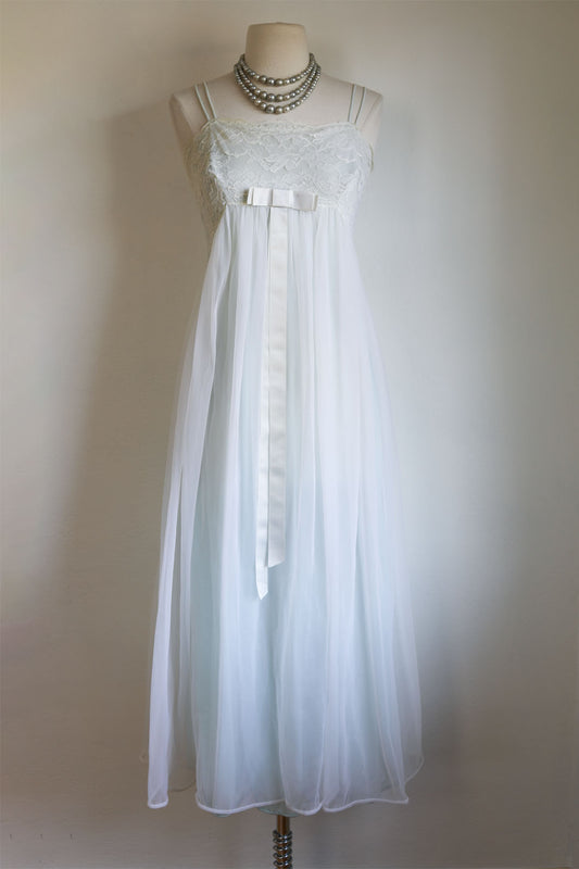 Vintage 1950s to 1960s Nightgown - Pale Mermaid Blue-Green Sheer Double Nylon Gown Size S to M