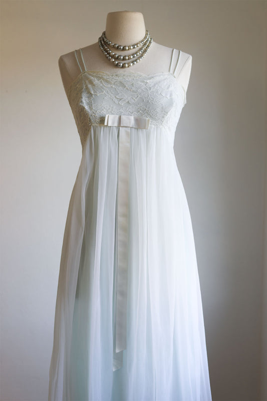 Vintage 1950s to 1960s Nightgown - Pale Mermaid Blue-Green Sheer Double Nylon Gown Size S to M