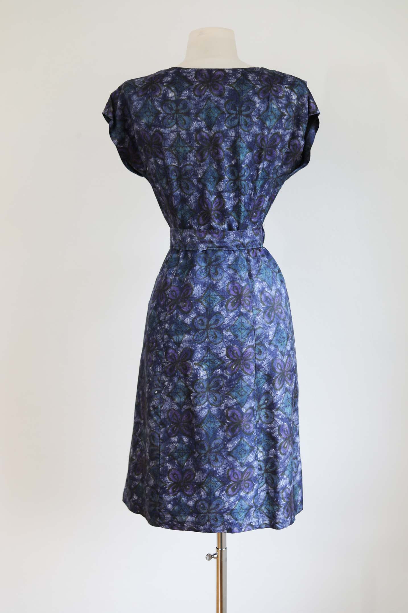 Vintage 1950s Dress Set - LOVELY Blue Batik Style Print Fitted Jacket + Cocktail Dress Size L