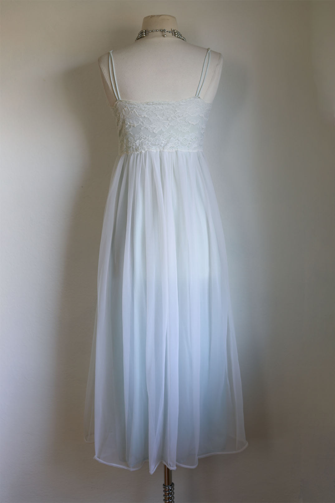 Vintage 1950s to 1960s Nightgown - Pale Mermaid Blue-Green Sheer Double Nylon Gown Size S to M