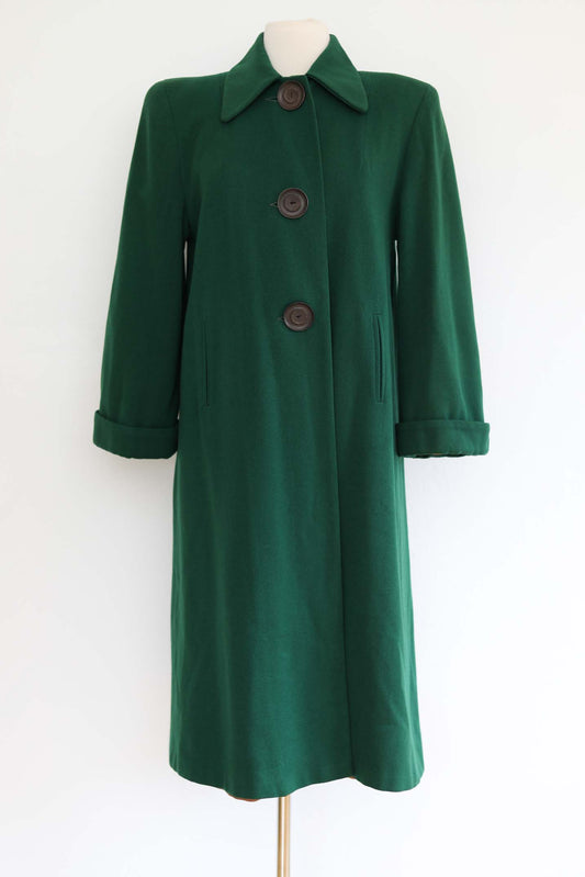 Vintage 1940s Gabardine Coat - PHENOMENAL Pine Green Wool Big Shoulder Swagger Coat w Bakelite Buttons Size S - M Range