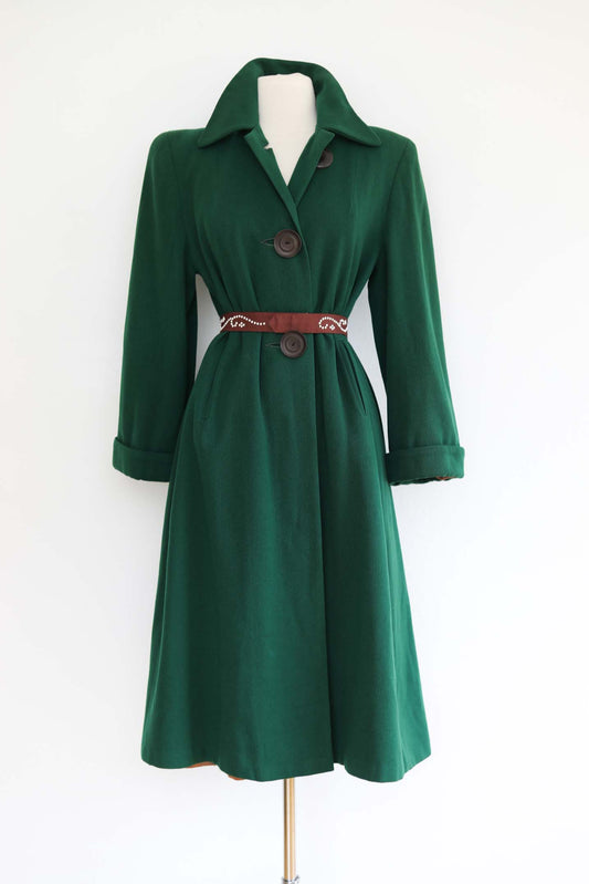 Vintage 1940s Gabardine Coat - PHENOMENAL Pine Green Wool Big Shoulder Swagger Coat w Bakelite Buttons Size S - M Range