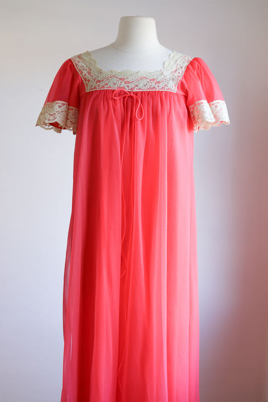 Vintage 1950s to 1960s Nightgown - Coral Pink + Cream Fluffy Girly LeVoy's Sheer Double Nylon Gown Size S