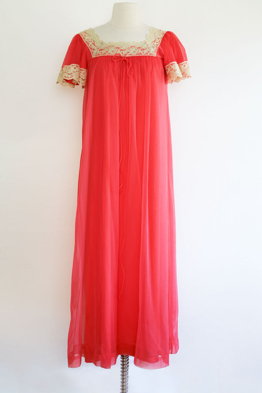 Vintage 1950s to 1960s Nightgown - Coral Pink + Cream Fluffy Girly LeVoy's Sheer Double Nylon Gown Size S