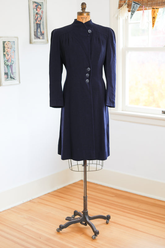 ON HOLD! Vintage 1940s Rayon Dress Suit +  Vintage 1930s Wool Coat - Gorgeous Ink Blue Wrap Princess Coat w Fab Button Accents RESHIP