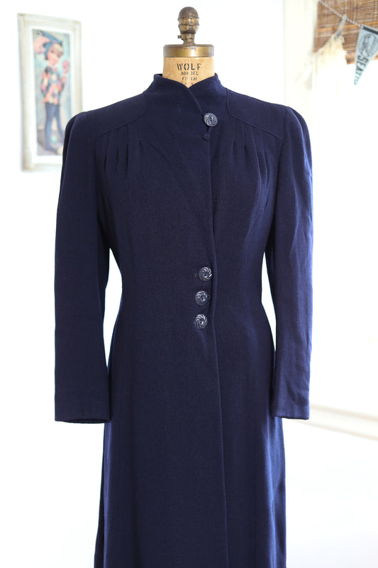 On hold!! Vintage 1930s Wool Coat - Gorgeous Ink Blue Wrap Princess Coat w Fab Button Accents Size M to L
