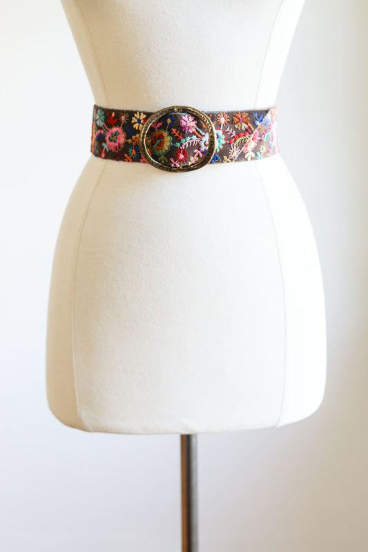 Vintage 1970s Belt of Dreams - Rainbow Embroidery Floral Boho Cocoa Brown + Brutalist Brass Buckle Fits XS to XL