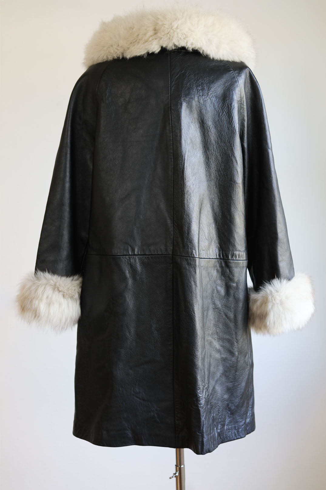 Vintage 1960s to 1970s Leather + Fox Coat - Luxe Black + Silver Arctic Fur Trench Size M to L