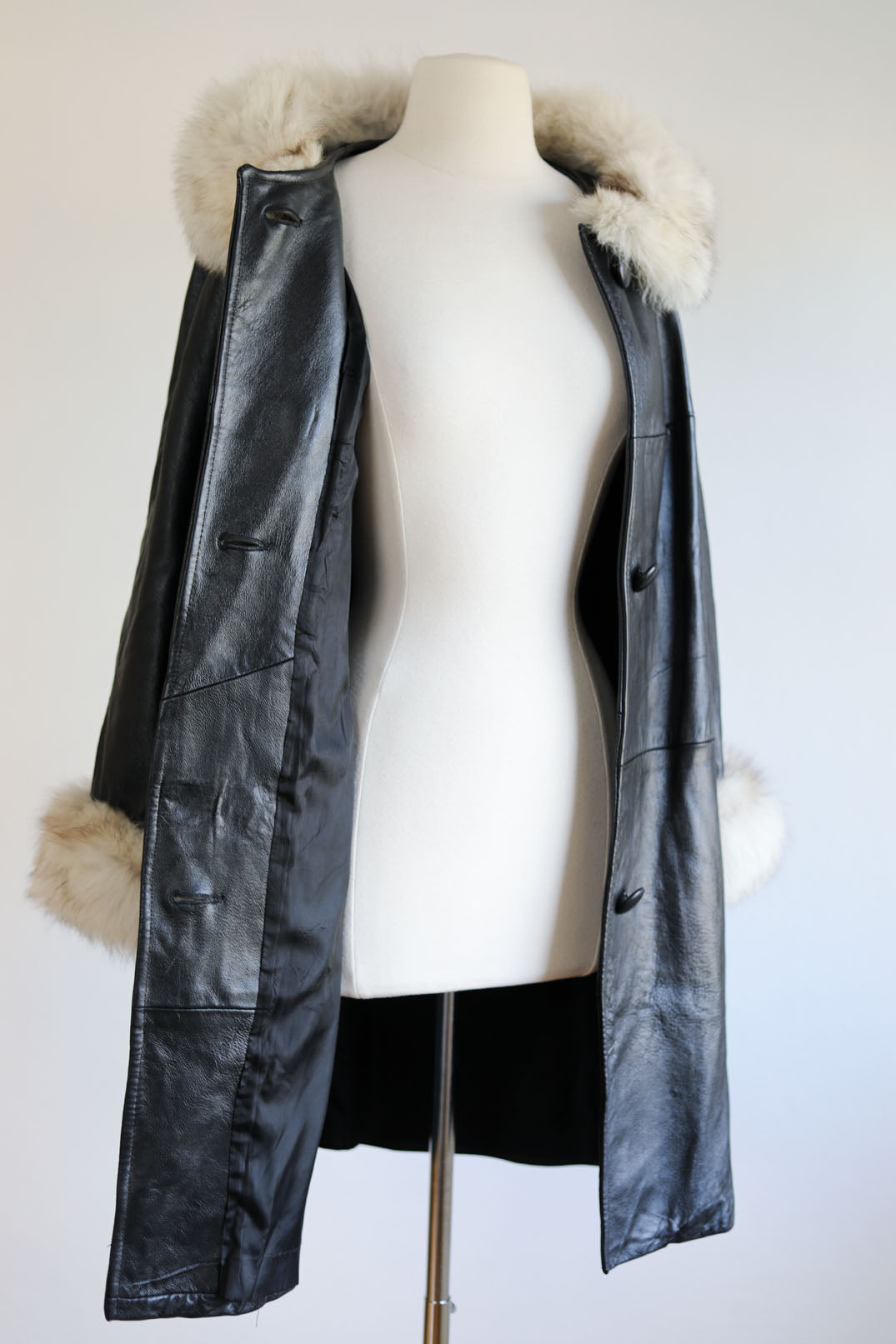 Vintage 1960s to 1970s Leather + Fox Coat - Luxe Black + Silver Arctic Fur Trench Size M to L