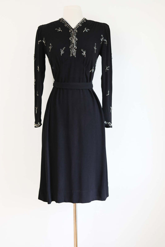 Vintage 1930s Crepe Dress - GORGEOUS Black Rayon w Lavish Smoke Sequins + Rhinestones Size M - L