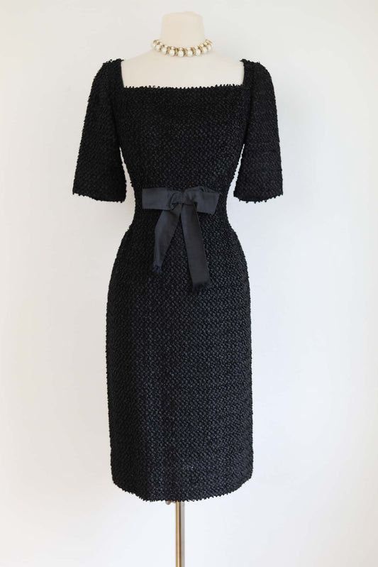 Vintage 1950s Ribbon Knit Dress - DARLING Black Knitwear Hourglass Cocktail Dress w Bow Size M