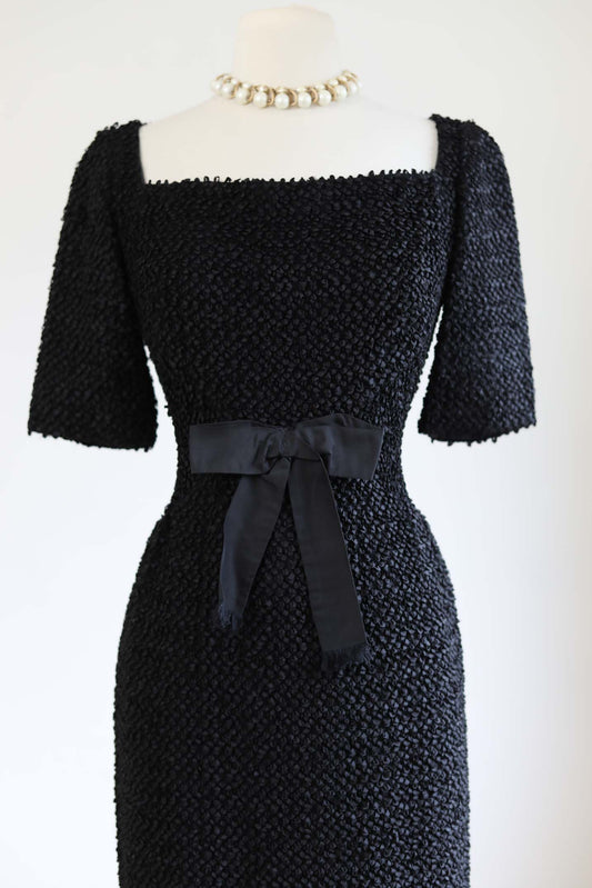 Vintage 1950s Ribbon Knit Dress - DARLING Black Knitwear Hourglass Cocktail Dress w Bow Size M