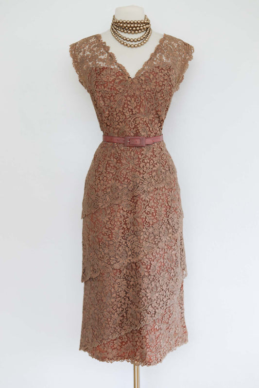 Vintage 1950s Sculpted Cocktail Dress - GLORIOUS Cappuccino Alençon Lace Hourglass Size L