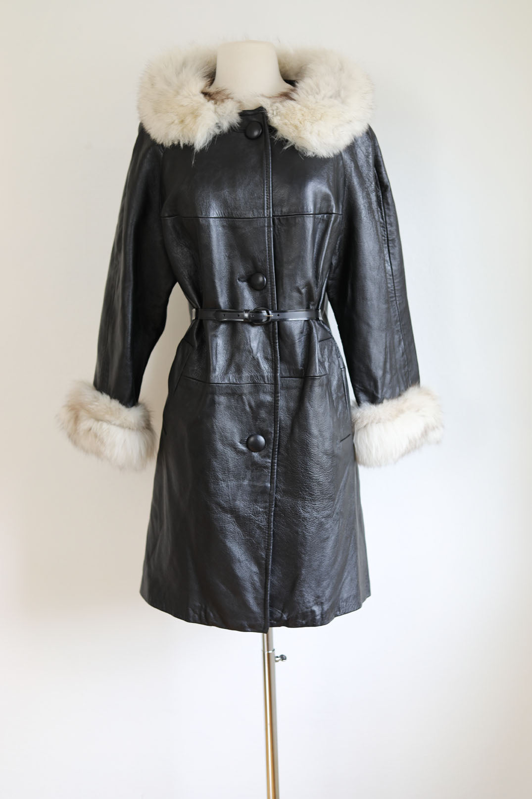 Vintage 1960s to 1970s Leather + Fox Coat - Luxe Black + Silver Arctic Fur Trench Size M to L