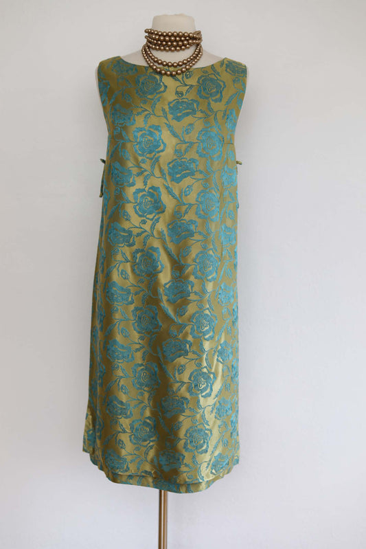 Vintage 1960s Satin Cocktail Dress - GLORIOUS Glossy Gold + Aqua Brocade Rose Pattern Shift w Bows Size M to L