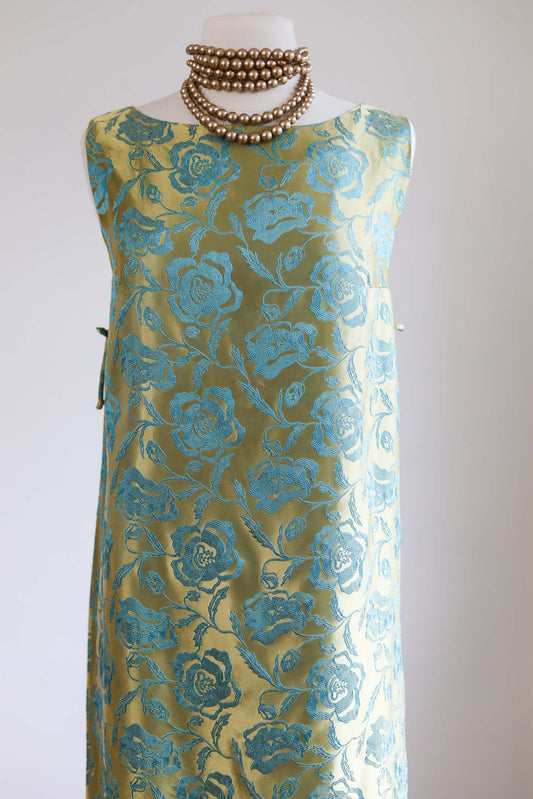 Vintage 1960s Satin Cocktail Dress - GLORIOUS Glossy Gold + Aqua Brocade Rose Pattern Shift w Bows Size M to L