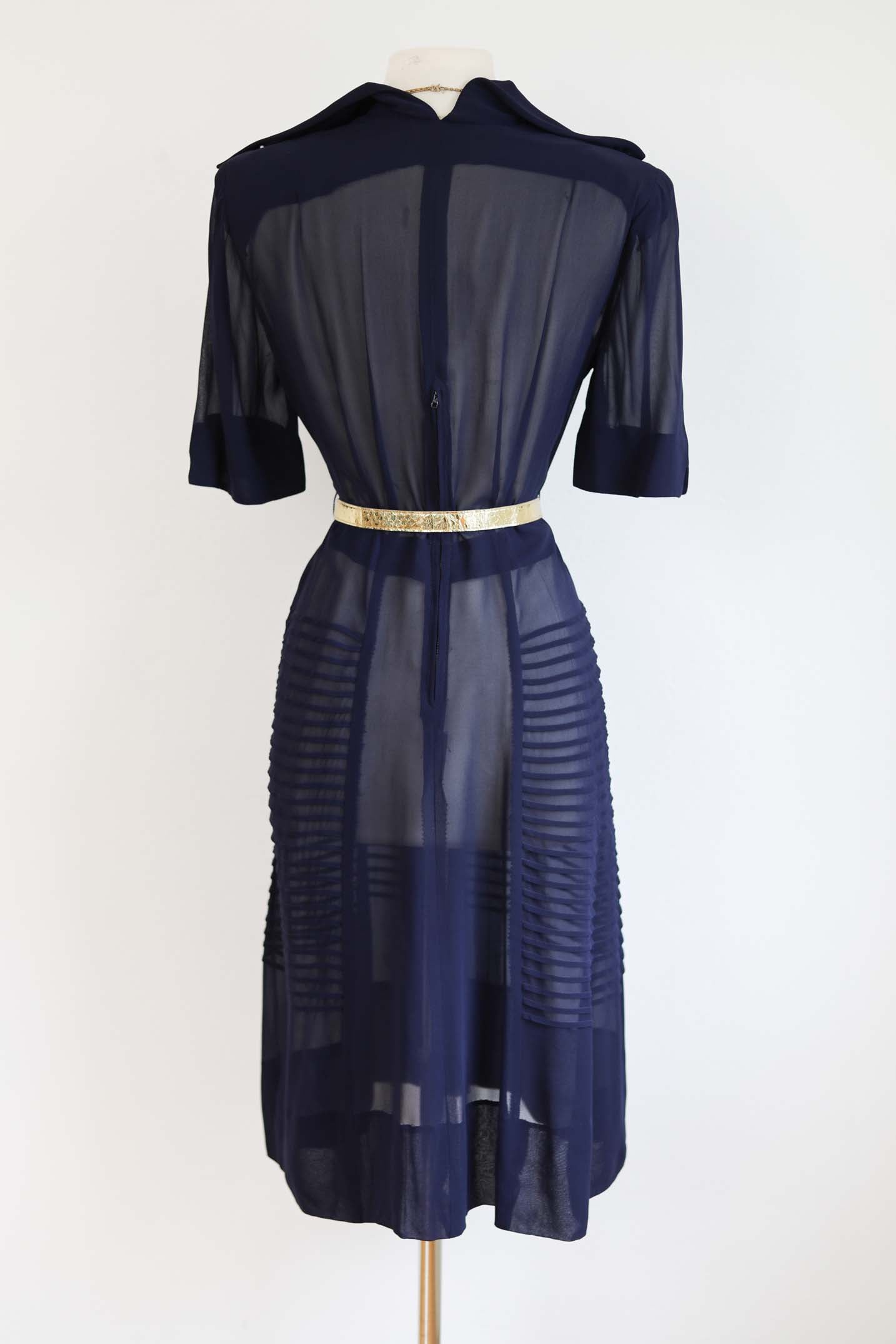 Vintage 1940s Rayon Mesh Dress - BITCHY Midnight Blue Gothic with Stabby Points Size L to XL