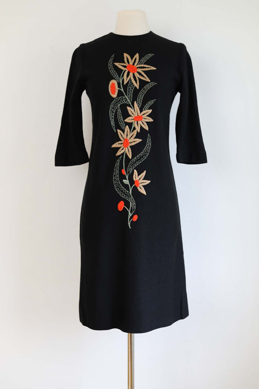 Vintage 1960s Knit Dress - DARLING Black Wool Jersey Louisa Knitwear Sheath w Embroidery Flowers Size S - M