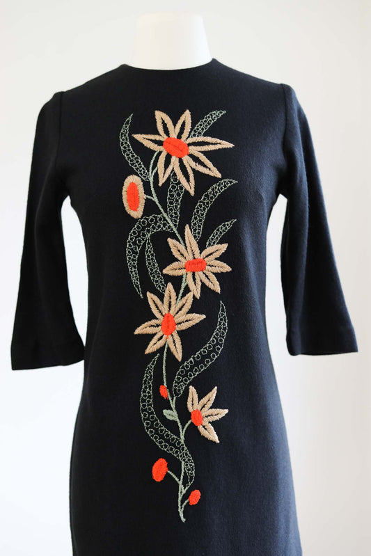 Vintage 1960s Knit Dress - DARLING Black Wool Jersey Louisa Knitwear Sheath w Embroidery Flowers Size S - M