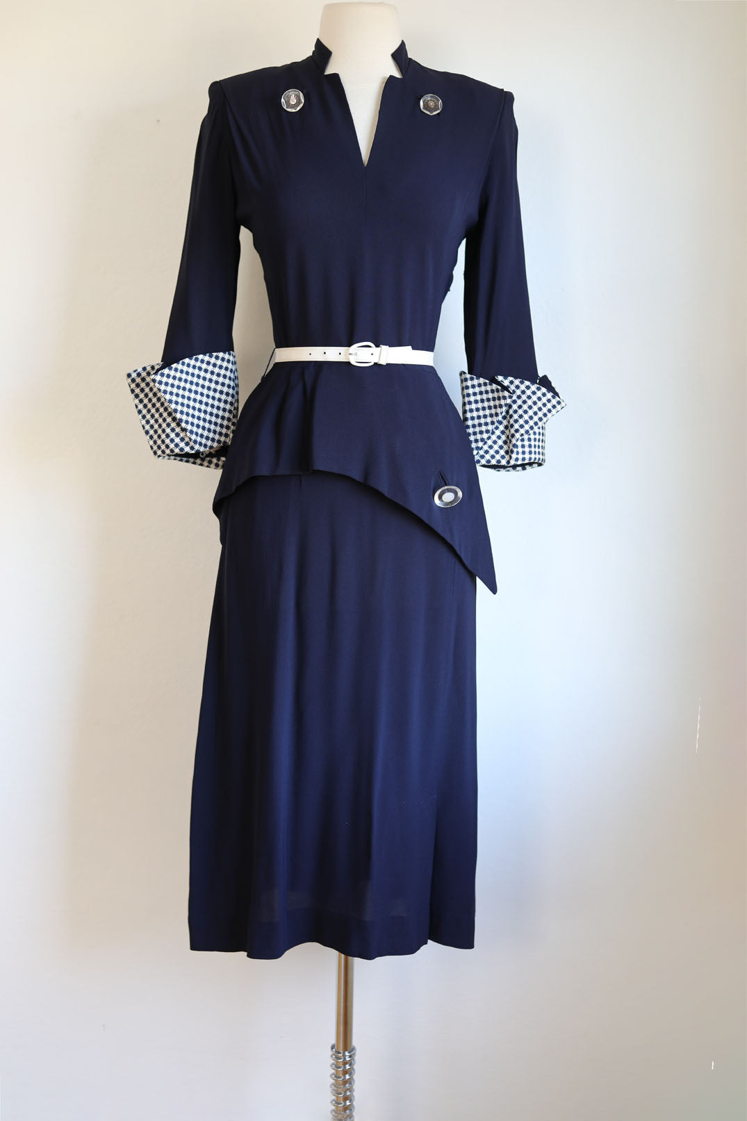 Vintage 1940s Dress - Swanky Midnight Blue + White Rayon Draped Peplum w Lucite + Giant Cuffs Size S to M