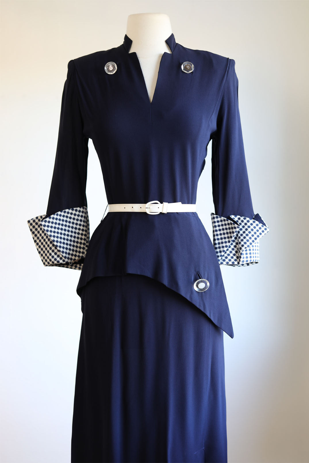 Vintage 1940s Dress - Swanky Midnight Blue + White Rayon Draped Peplum w Lucite + Giant Cuffs Size S to M