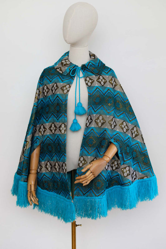 Vintage 1960s to 1970s Cape - FABULOUS Guatemalan Aqua + Metallic Gold Snowflake Tassel Fringe Cloak One Size Fits XS to XL