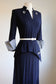 Vintage 1940s Dress - Swanky Midnight Blue + White Rayon Draped Peplum w Lucite + Giant Cuffs Size S to M