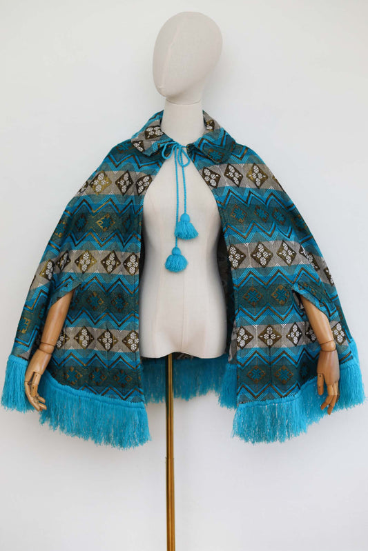 Vintage 1960s to 1970s Cape - FABULOUS Guatemalan Aqua + Metallic Gold Snowflake Tassel Fringe Cloak One Size Fits XS to XL