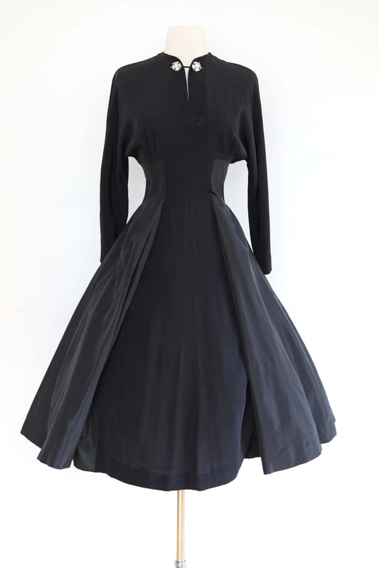 Vintage 1950s Party Dress - WOW-WORTHY Black Silk Carlye New Look Era Dress w Sparkling Rhinestones Size S