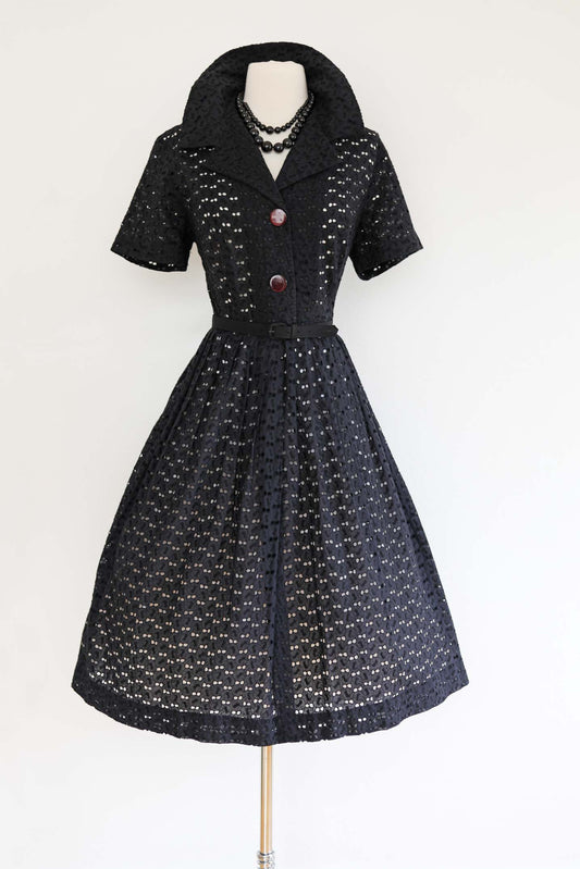 Vintage 1950s to 1960s Shirtwaist - DARLING Black Eyelet Cotton w Big Lucite Buttons Dress Size L to XL