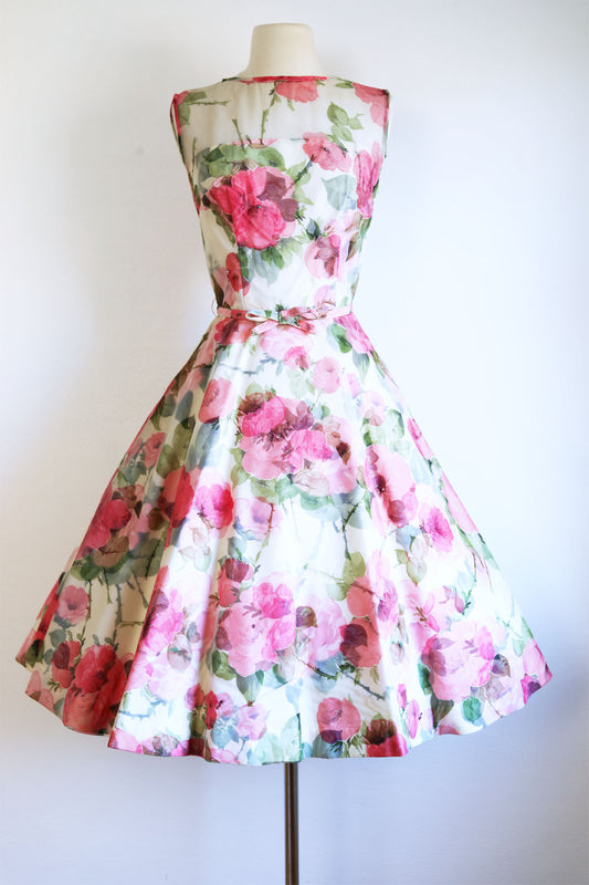 Vintage 1950s Dress - Ultra-Beautiful Pink Olive Rose Print Belted Chiffon w AB Rhinestones Party Sundress Size S