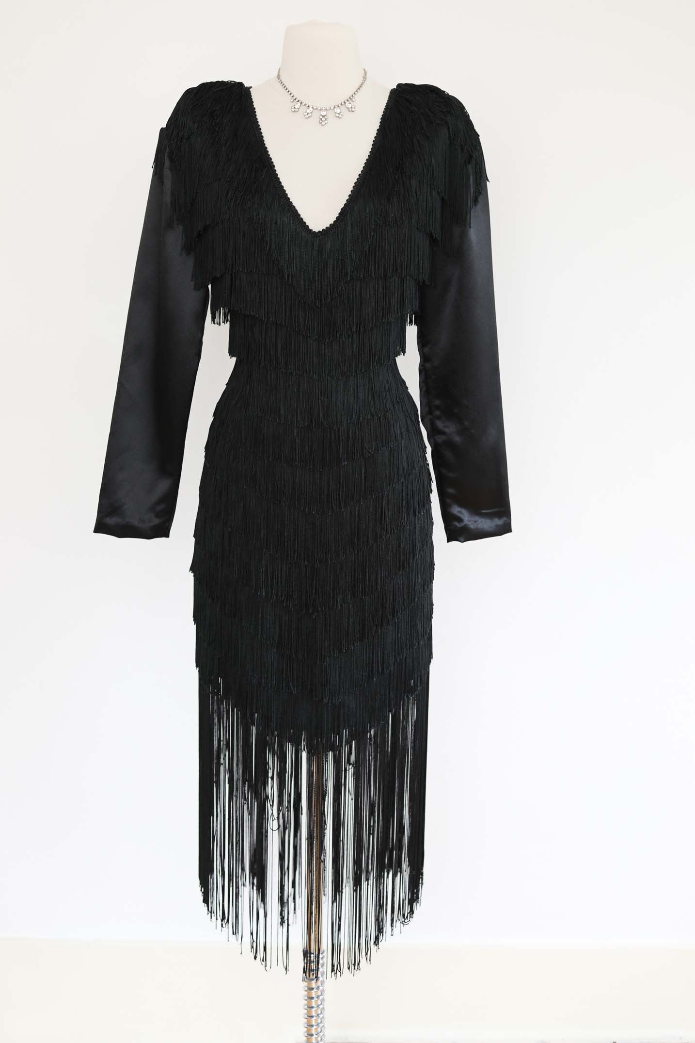 Vintage 1980s Dress - BOMBSHELL Black Hourglass Fully-Fringed Cocktail/Event Dress Size S to M