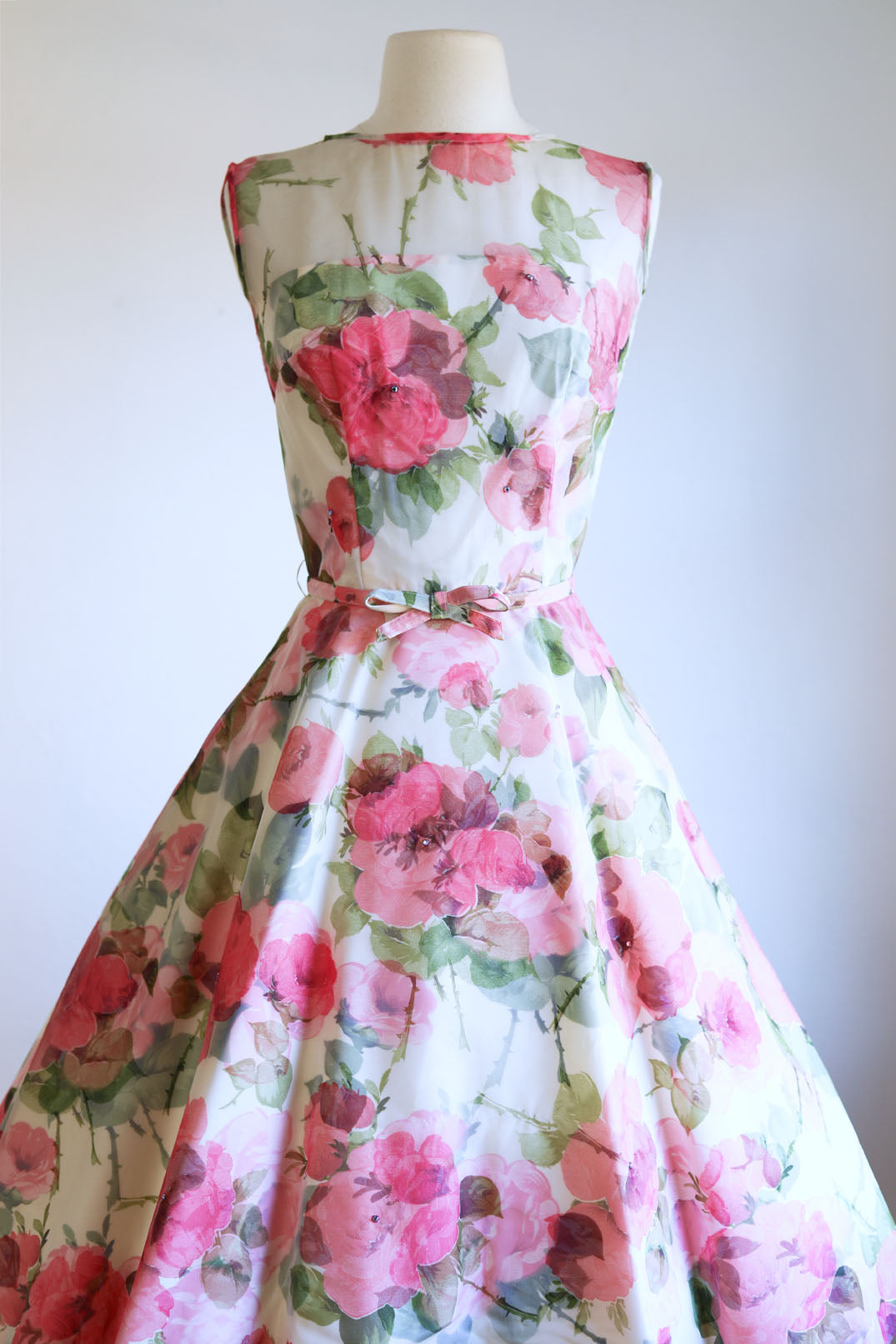 Vintage 1950s Dress - Ultra-Beautiful Pink Olive Rose Print Belted Chiffon w AB Rhinestones Party Sundress Size S