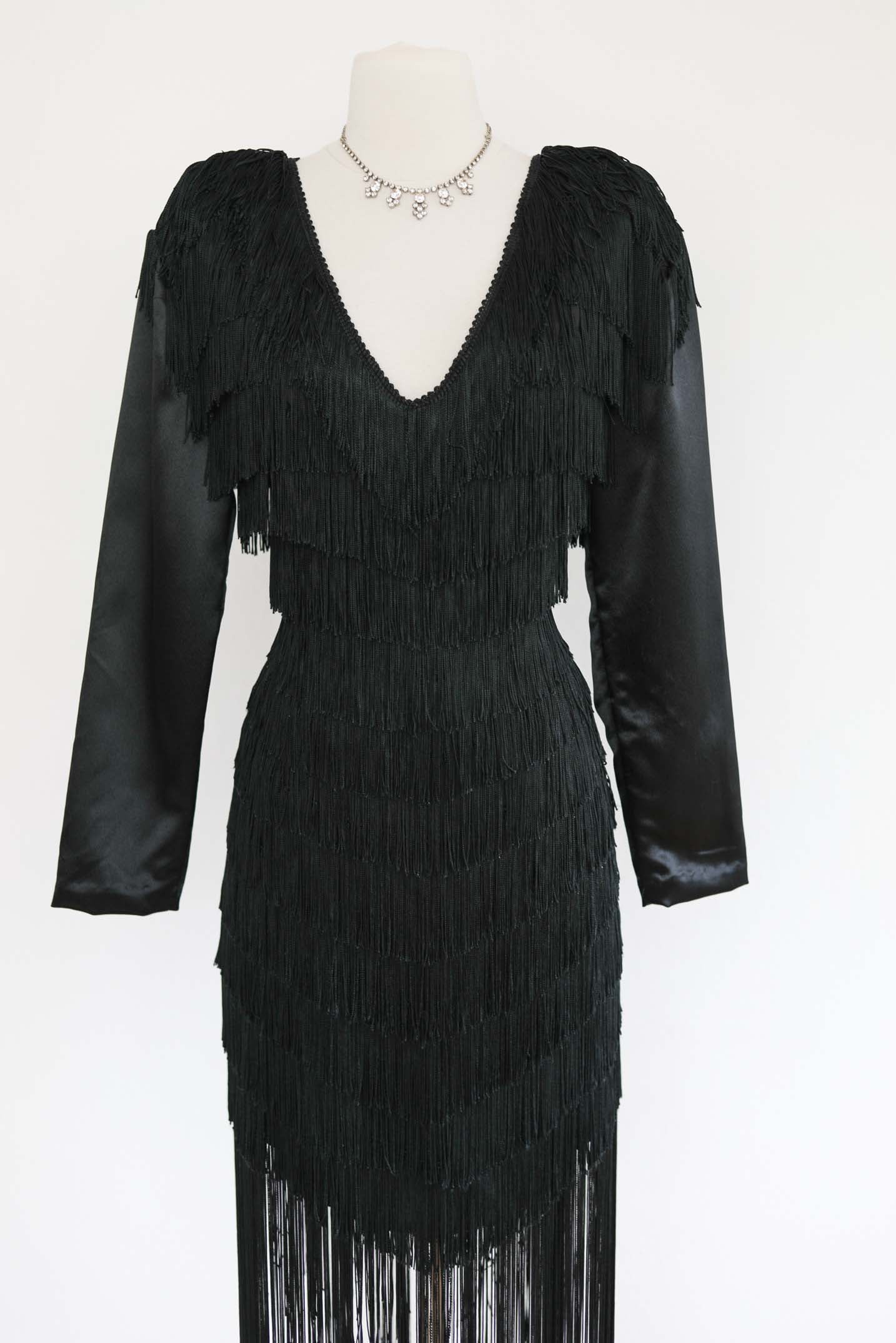 Vintage 1980s Dress - BOMBSHELL Black Hourglass Fully-Fringed Cocktail/Event Dress Size S to M