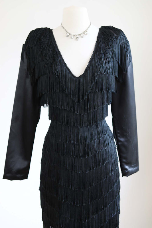 Vintage 1980s Dress - BOMBSHELL Black Hourglass Fully-Fringed Cocktail/Event Dress Size S to M