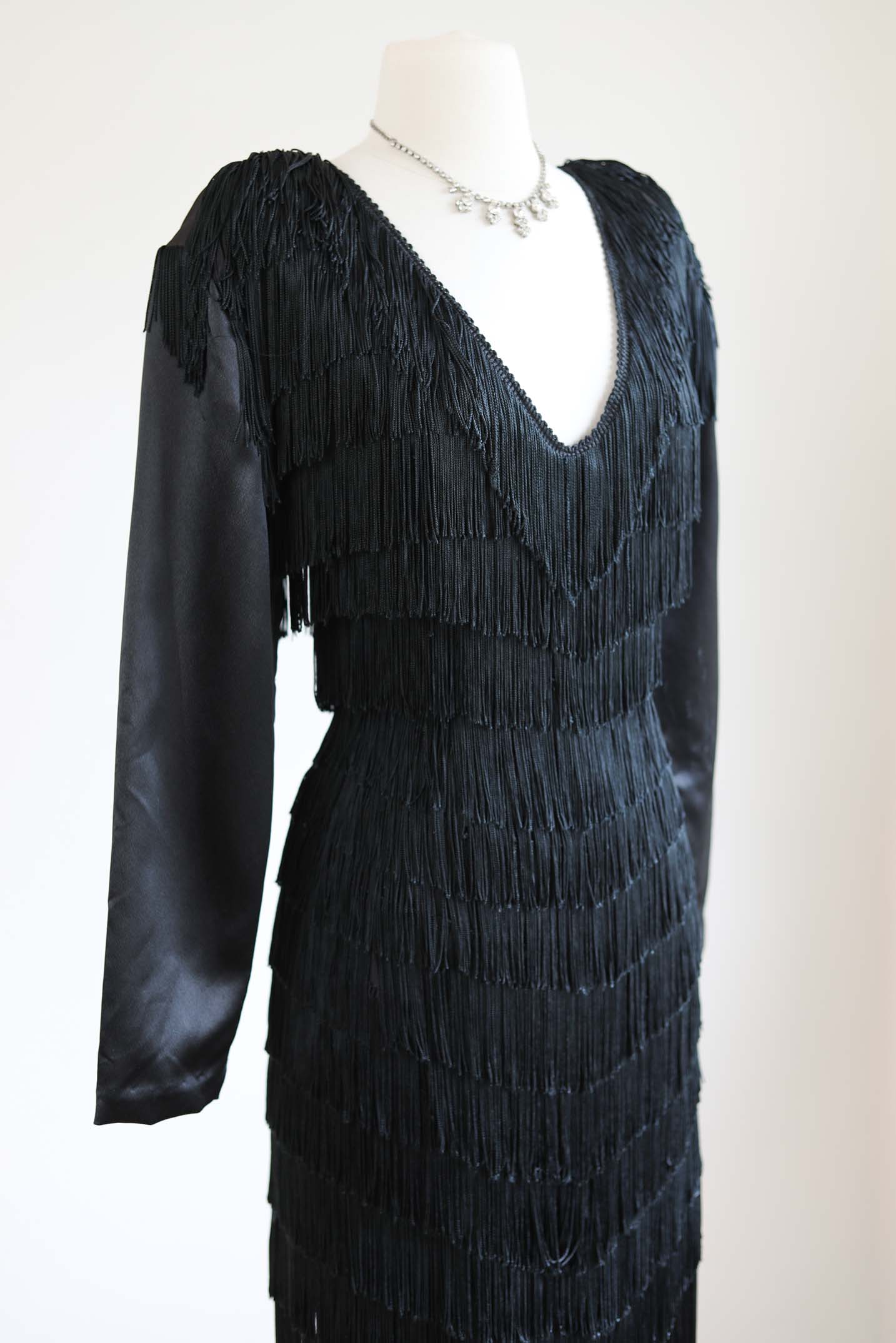 Vintage 1980s Dress - BOMBSHELL Black Hourglass Fully-Fringed Cocktail/Event Dress Size S to M