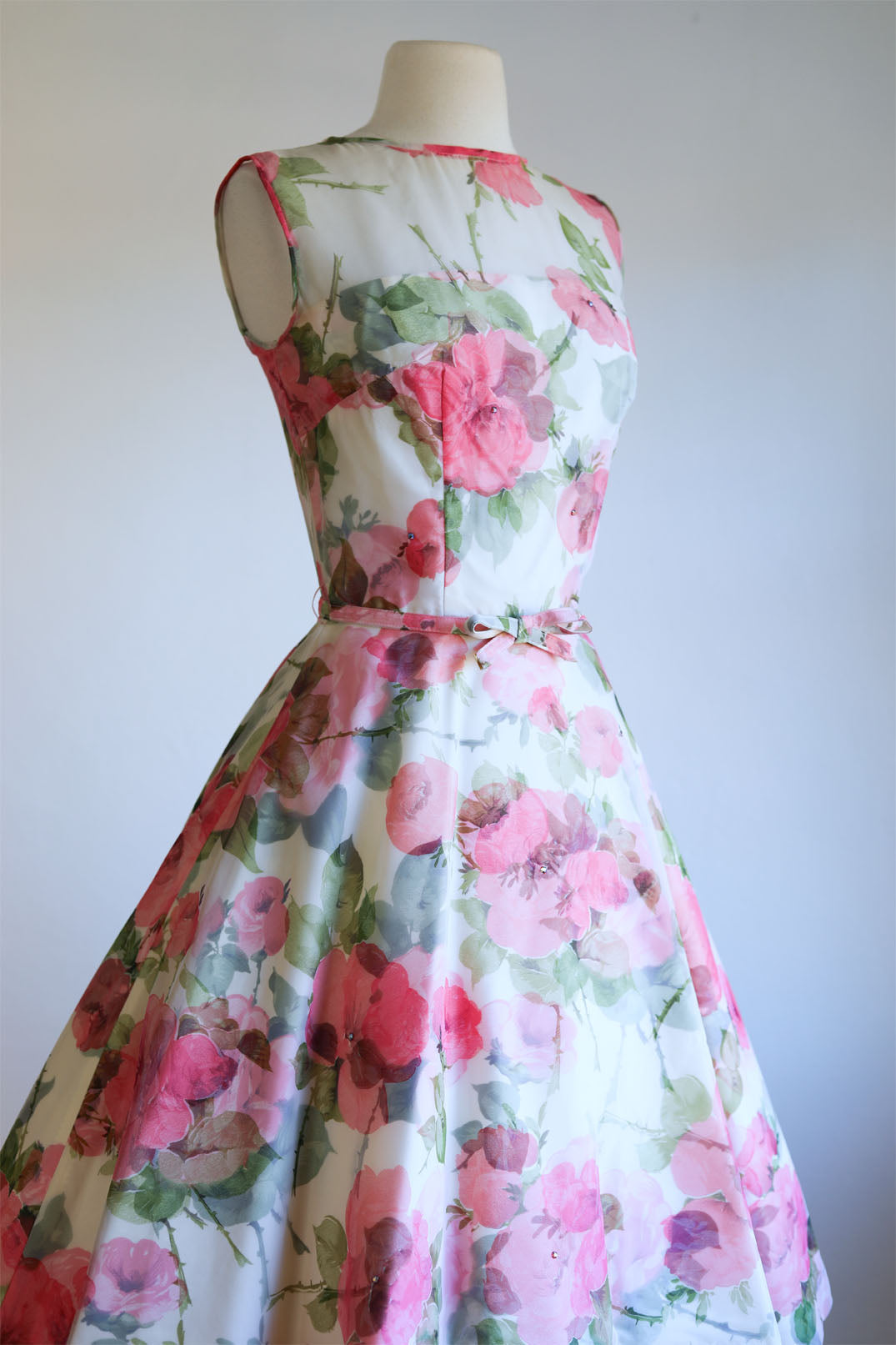 Vintage 1950s Dress - Ultra-Beautiful Pink Olive Rose Print Belted Chiffon w AB Rhinestones Party Sundress Size S