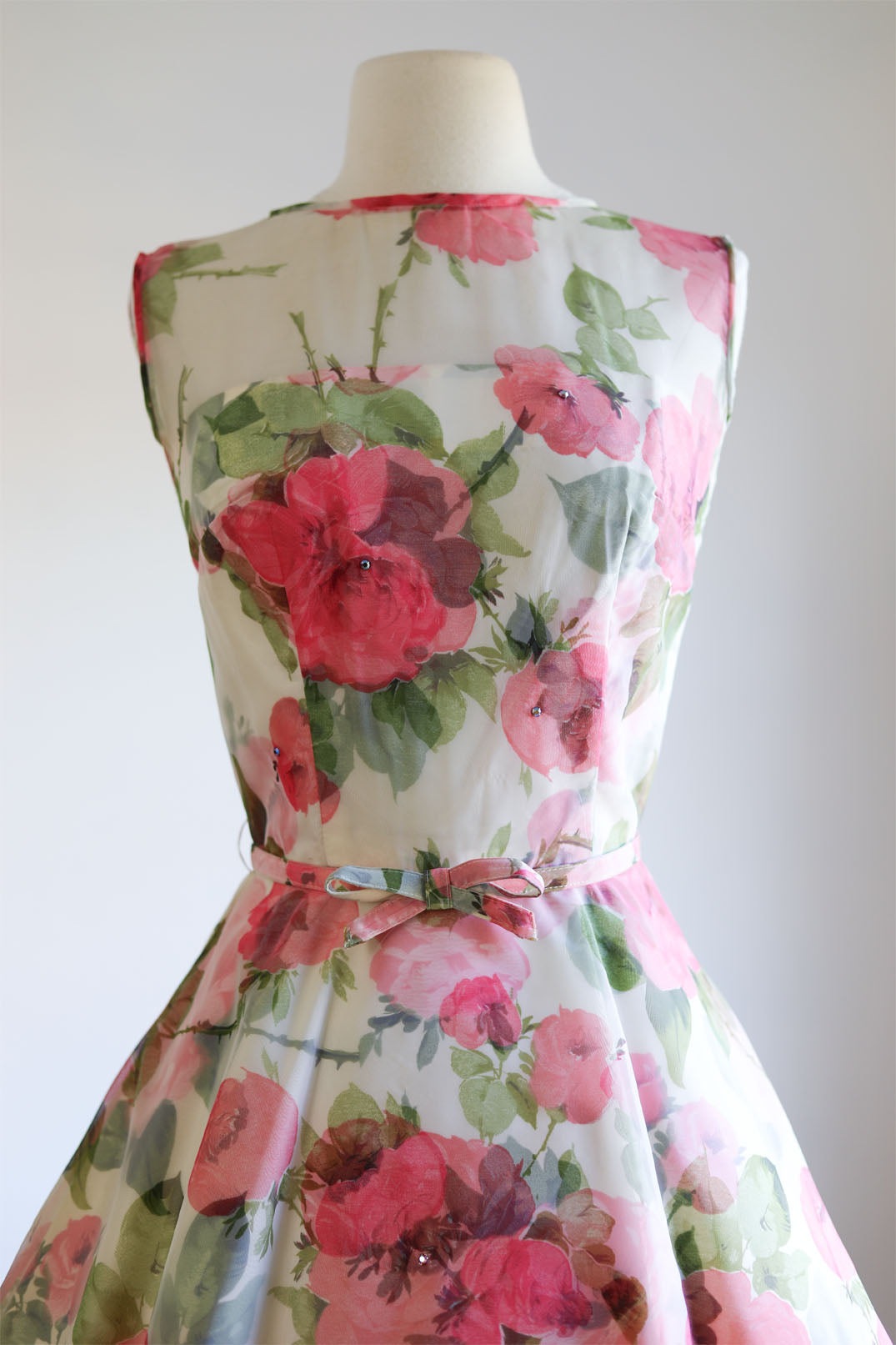 Vintage 1950s Dress - Ultra-Beautiful Pink Olive Rose Print Belted Chiffon w AB Rhinestones Party Sundress Size S