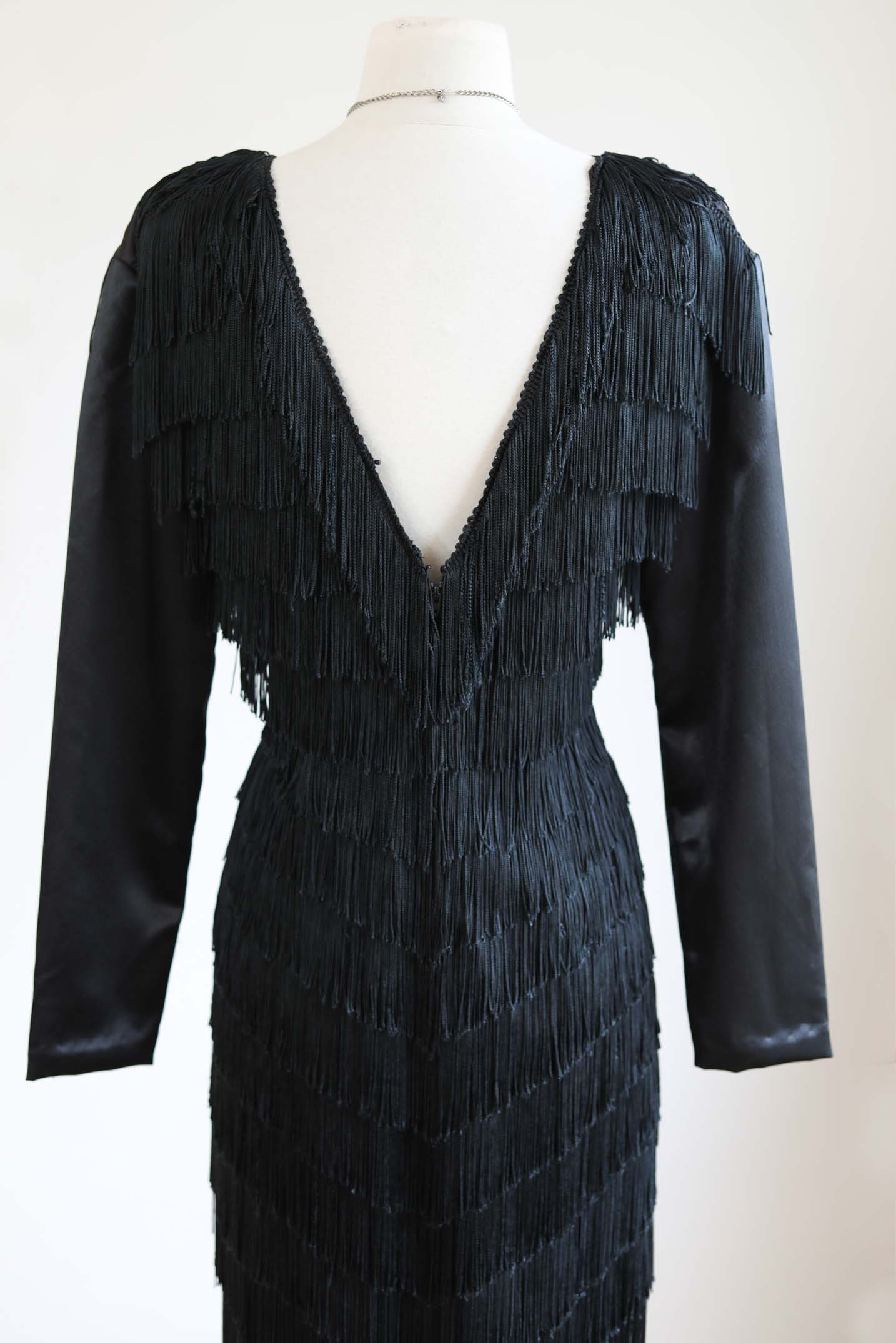 Vintage 1980s Dress - BOMBSHELL Black Hourglass Fully-Fringed Cocktail/Event Dress Size S to M