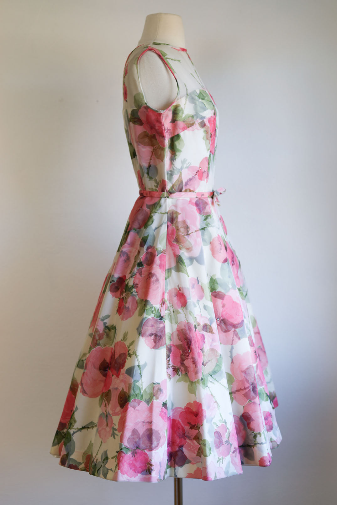 Vintage 1950s Dress - Ultra-Beautiful Pink Olive Rose Print Belted Chiffon w AB Rhinestones Party Sundress Size S