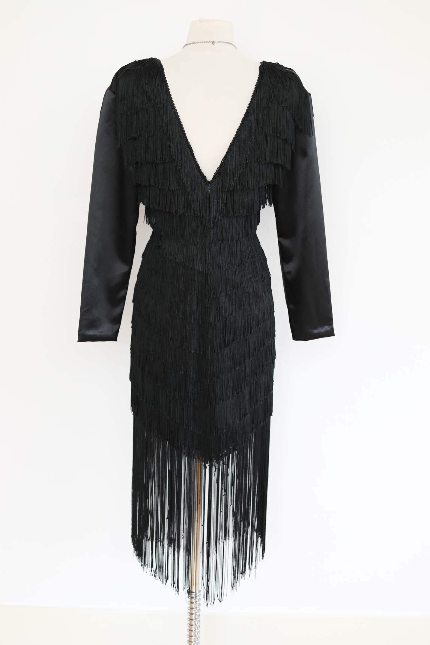 Vintage 1980s Dress - BOMBSHELL Black Hourglass Fully-Fringed Cocktail/Event Dress Size S to M