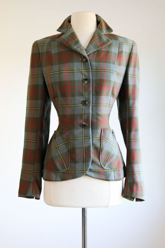 Vintage 1950s Sporty Jacket - Luxe Scottish Tartan Wool Twill Delphite + Olive Princess Blazer Size S to M
