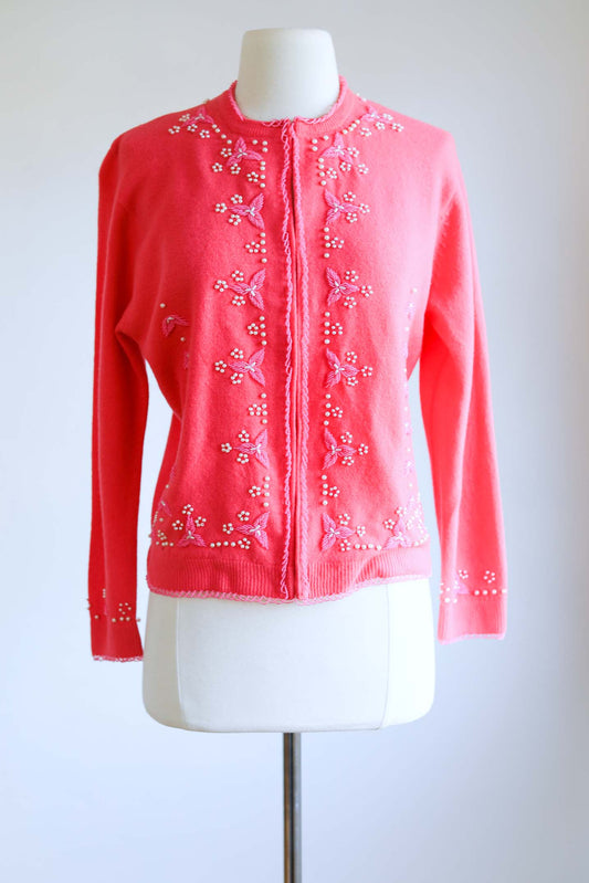 Vintage 1950s Beaded Sweater - BARBIECORE Candy Pink Lambswool w Faux Pearls + Beads Size S to L