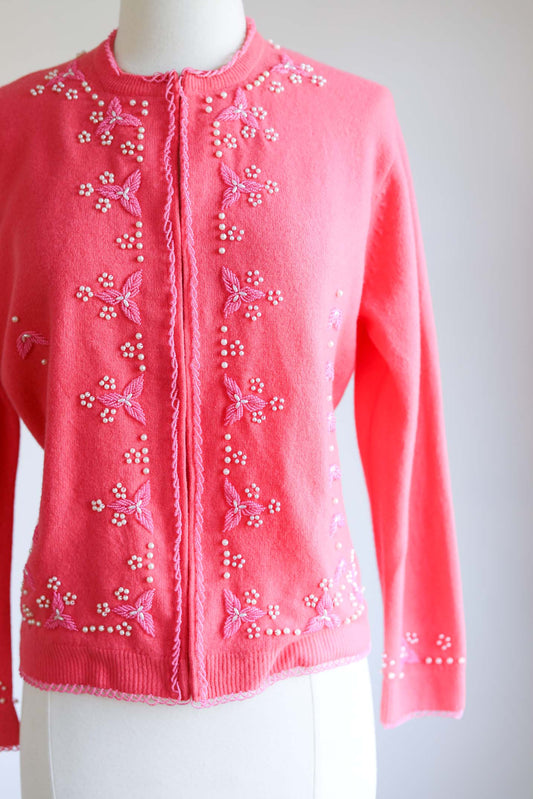 Vintage 1950s Beaded Sweater - BARBIECORE Candy Pink Lambswool w Faux Pearls + Beads Size S to L