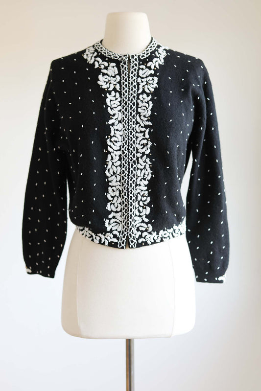 Vintage 1950s Beaded Sweater - Gorgeous Black White Lambswool or Cashmere Cardigan w Faux Pearls Size S to L