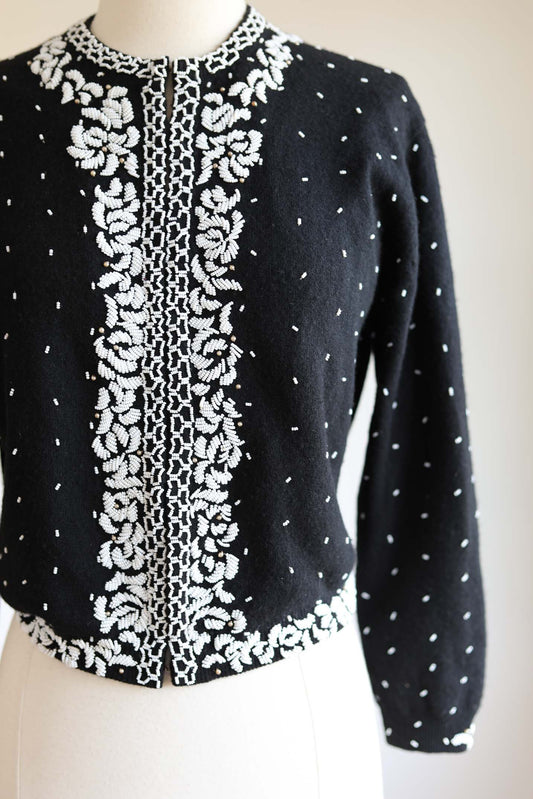 Vintage 1950s Beaded Sweater - Gorgeous Black White Lambswool or Cashmere Cardigan w Faux Pearls Size S to L