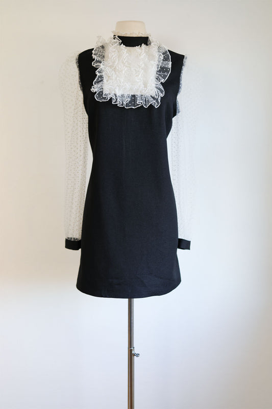 Vintage 1960s Dress - Adorable Black Sparkle White Flocked Polka Dot Ruffle Mesh Tuxedo Mod Mini Cocktail Size M