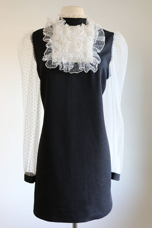 Vintage 1960s Dress - Adorable Black Sparkle White Flocked Polka Dot Ruffle Mesh Tuxedo Mod Mini Cocktail Size M
