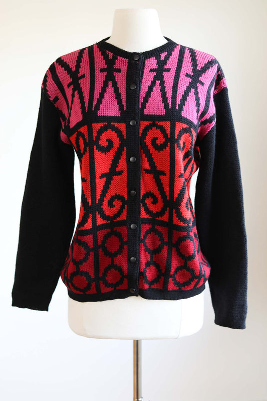 Vintage 1960s Novelty Sweater - JACK WINTER Mod Garden Gate Color Block Wool Cardigan Size M to L